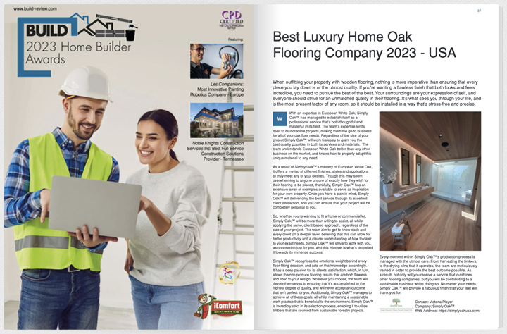 BUILD AWARD- Simply Oak USA -Best Luxury Home Oak Flooring Company 2023